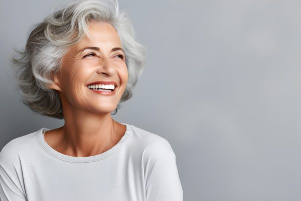 Beautiful senior model with white hair, laughing and smiling, reflecting health and beauty with great skin and teeth